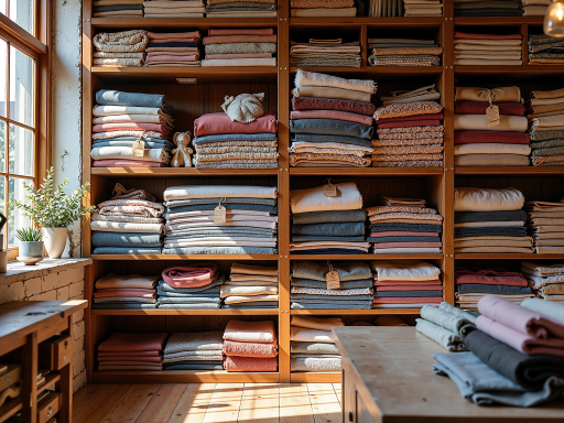 纺织品展示，包括服装、床上用品、毛巾等，色彩丰富的布料制品整齐陈列